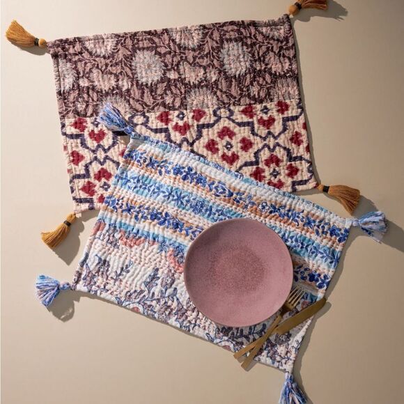 NWOT RARE Anthropologie Upcycled Heritage Placemats-Set of 2-1Blue & 1 Red - Picture 1 of 16